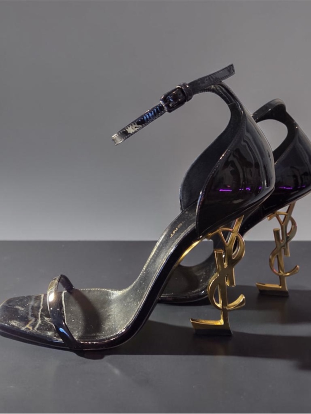 Saint Laurent Black Patent Leather Heeled Sandals with Gold YSL Logo Heel